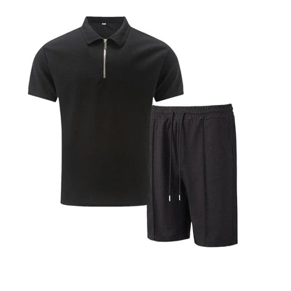 2025 Men Europe and the United States new summer Waffle solid color zip-up lapel short-sleeve suit shorts two sets NovaCart