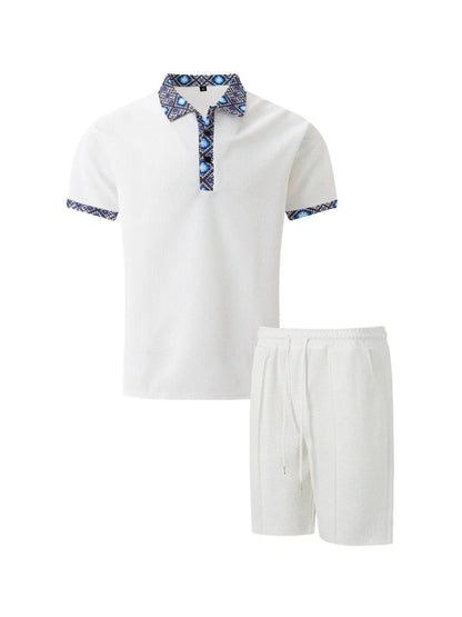2025 Men Europe and the United States new summer Waffle solid color zip-up lapel short-sleeve suit shorts two sets NovaCart