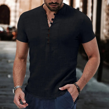 Summer new style men's solid-color retro casual short-sleeved shirt, comfortable and breathable men's short-sleeved top NovaCart