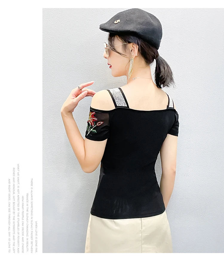 Women's Clothes New Design Sexy Off Shoulder Shiny Diamonds T-Shirts Luxury Brand Mesh Tees Tops Blouse Shirt NovaCart