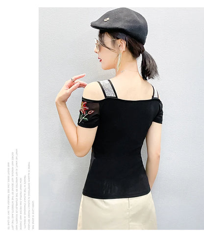 Women's Clothes New Design Sexy Off Shoulder Shiny Diamonds T-Shirts Luxury Brand Mesh Tees Tops Blouse Shirt NovaCart