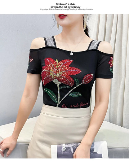 Women's Clothes New Design Sexy Off Shoulder Shiny Diamonds T-Shirts Luxury Brand Mesh Tees Tops Blouse Shirt NovaCart