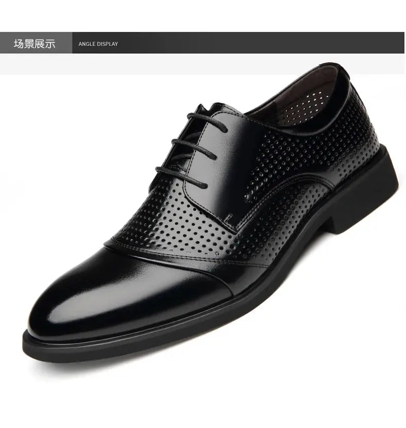 Flat / 6CM Genuine Leather Men Formal Elevator Shoes Wedding Business Height Increase Lift Shoes Invisible Summer Hollow Wedding NovaCart