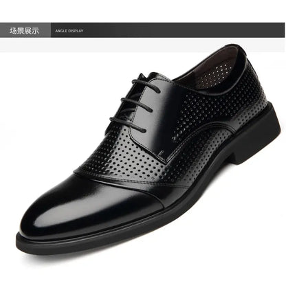Flat / 6CM Genuine Leather Men Formal Elevator Shoes Wedding Business Height Increase Lift Shoes Invisible Summer Hollow Wedding NovaCart