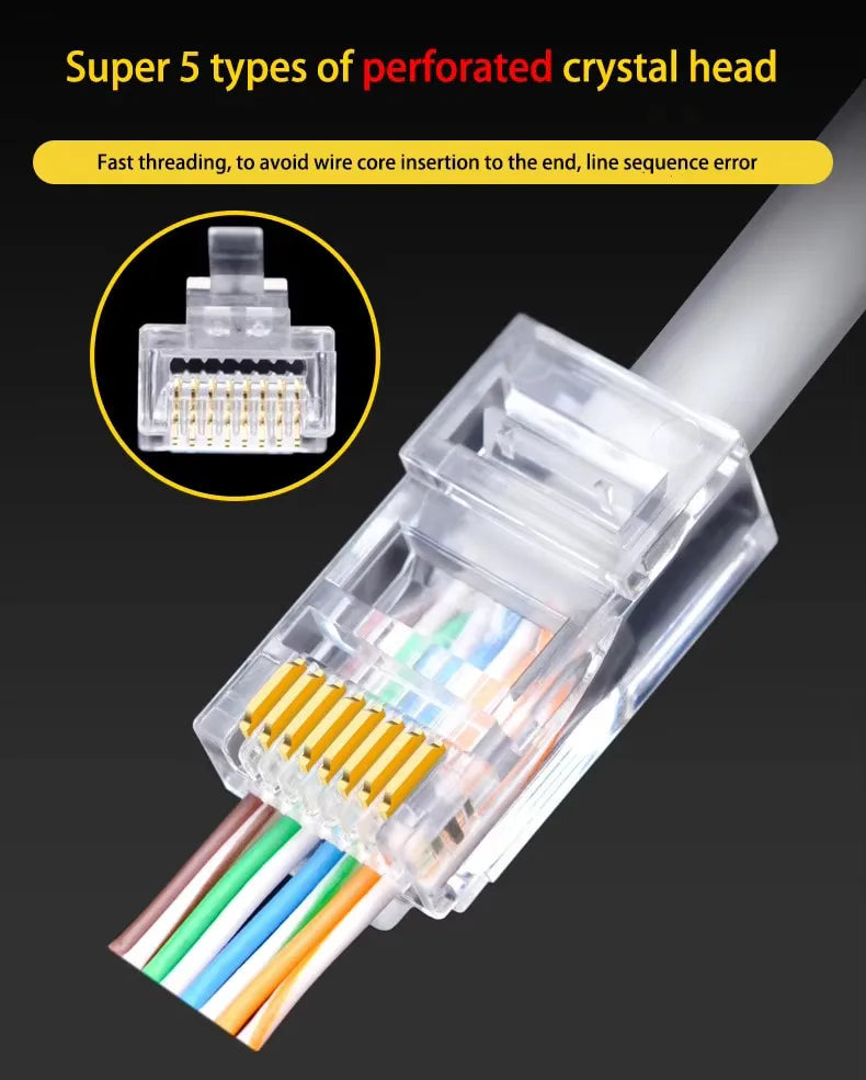 50 PCs RJ45 Connector Cat6 Connector Network Unshielded RJ45 Perforated Crystal Head Network Cable Pi-Mart