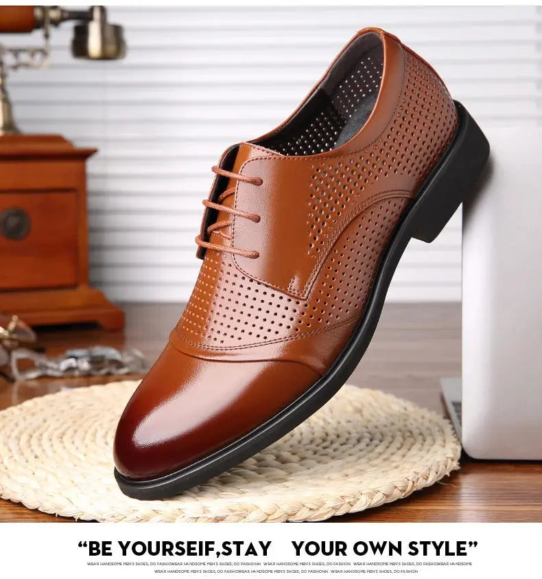 Flat / 6CM Genuine Leather Men Formal Elevator Shoes Wedding Business Height Increase Lift Shoes Invisible Summer Hollow Wedding NovaCart