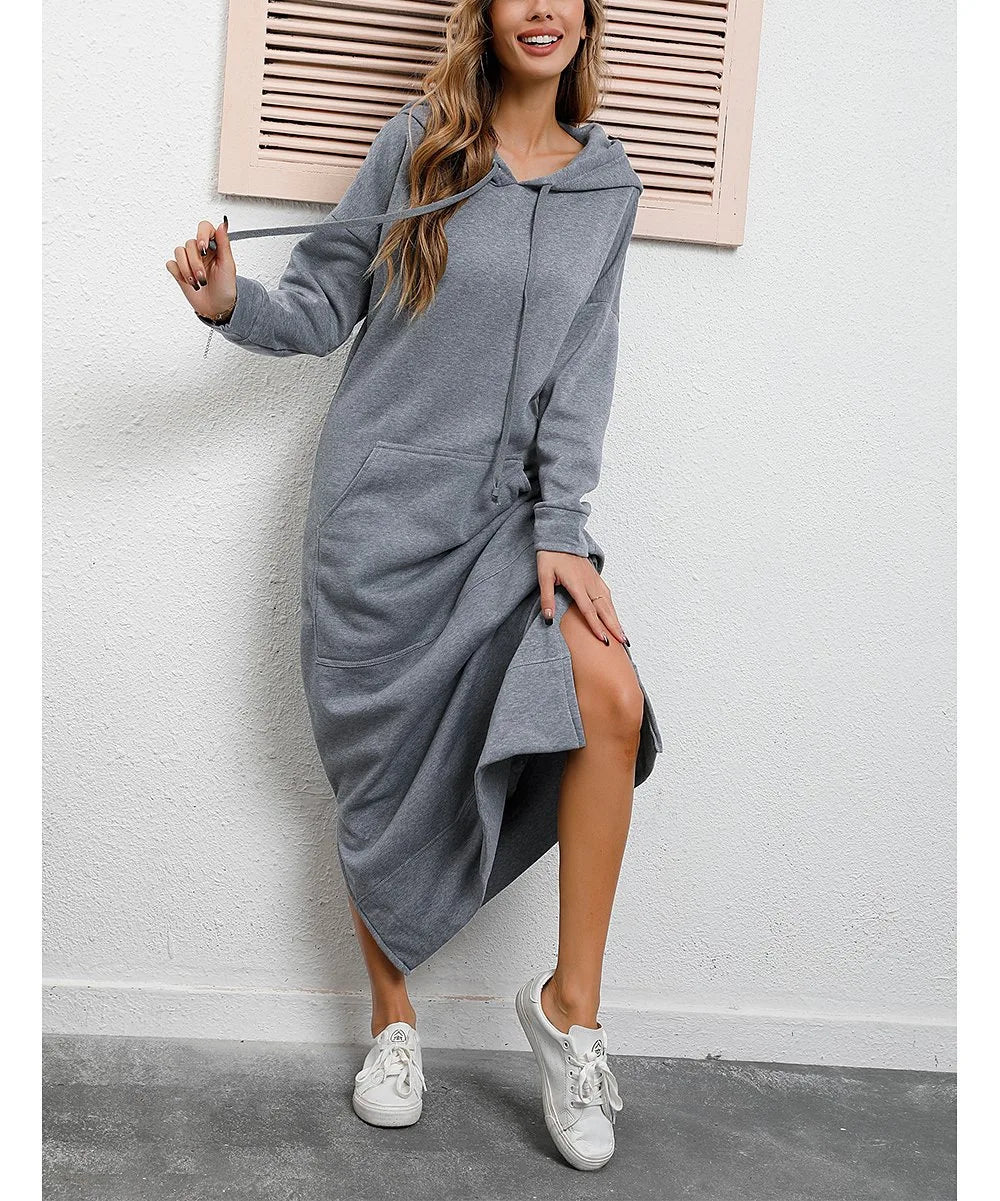 Hoodies Dress For Women Fashion 2025 Hem Lace-up Midi Robe Hooded Long Dress Autumn Winter Warm Casual Loose Sweatshirt Vestidos NovaCart