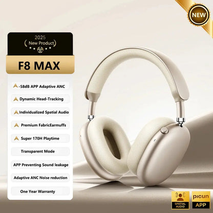 Picun F8MAX ANC Wireless Headphone 59dB Hybrid Active Noise Canceling Spatial Audio Earphone Bluetooth 6.0 Over Ear Headset 180H NovaCart
