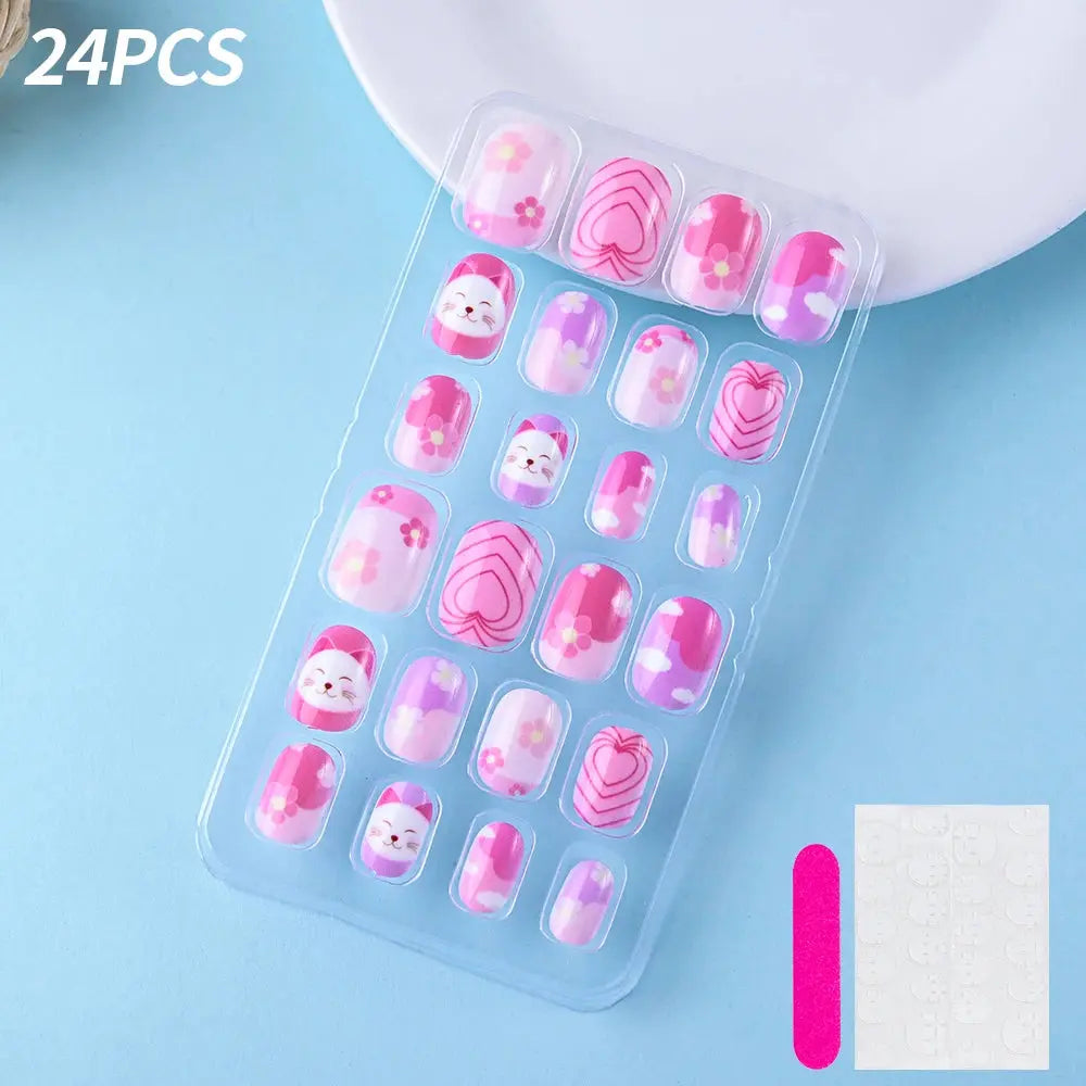 24Pcs/box Kids nails for Girl Cartoon Pattern False Nail Cute Child Fake Nails Tips Kawaii Acrylic Artificial Press on Nail+Tool NovaCart
