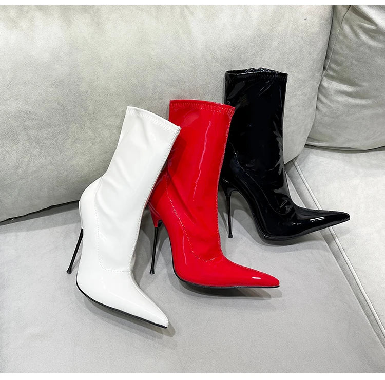 Knee-High Pointy Toe Women Boots 13cm Ultra Thin Steel High Heels Metal Heel Patent Leather Wide Calf Boots for Women Plus Size NovaCart