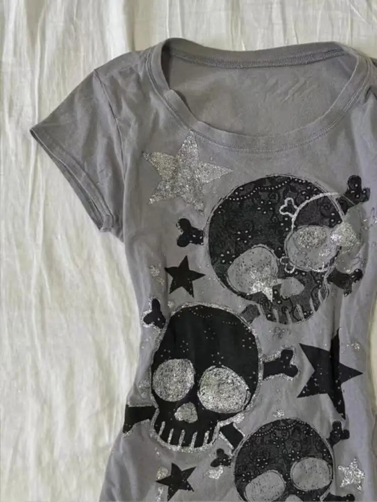 Japanese Y2k Women's Tees 2000s Hottie Clothes Tops Star Skull Graphic Print T Shirts Goth Emo Punk Aesthetics Chic T-shirt NovaCart