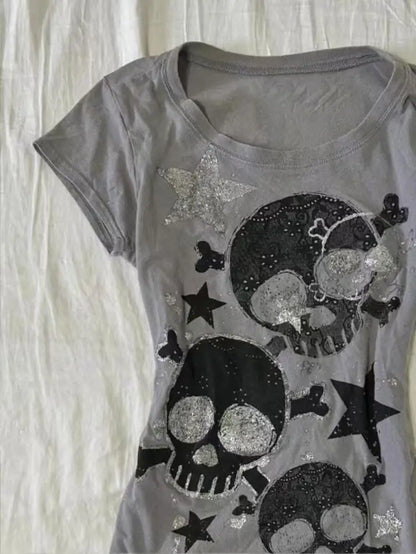 Japanese Y2k Women's Tees 2000s Hottie Clothes Tops Star Skull Graphic Print T Shirts Goth Emo Punk Aesthetics Chic T-shirt NovaCart