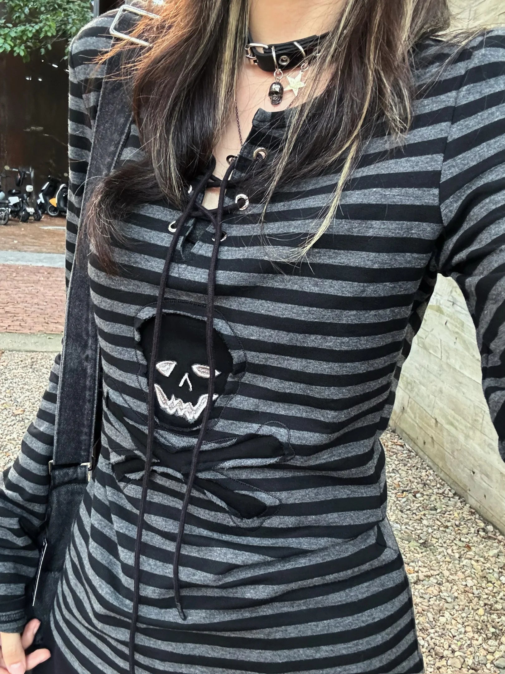 Tonngirls Gothic Retro T-shirt Women Lace Up Striped Casual Shirt Y2k Vintage Print Graphic Tops Streetwear american Grunge Tops NovaCart