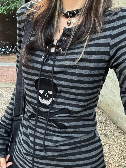 Tonngirls Gothic Retro T-shirt Women Lace Up Striped Casual Shirt Y2k Vintage Print Graphic Tops Streetwear american Grunge Tops NovaCart