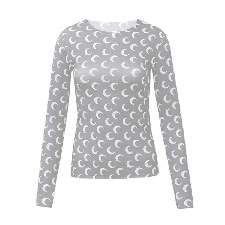 Woman Clothes Korean Moon Print Long Sleeve T-Shirt Fashion Casual Layered Sun Protection Top Ice Silk Basic Tee Spring Autumn NovaCart