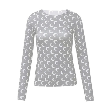 Woman Clothes Korean Moon Print Long Sleeve T-Shirt Fashion Casual Layered Sun Protection Top Ice Silk Basic Tee Spring Autumn NovaCart