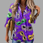 🎭 Mardi Gras Women's V-Neck Long Sleeve Carnival Print Shirt FitiqueFit
