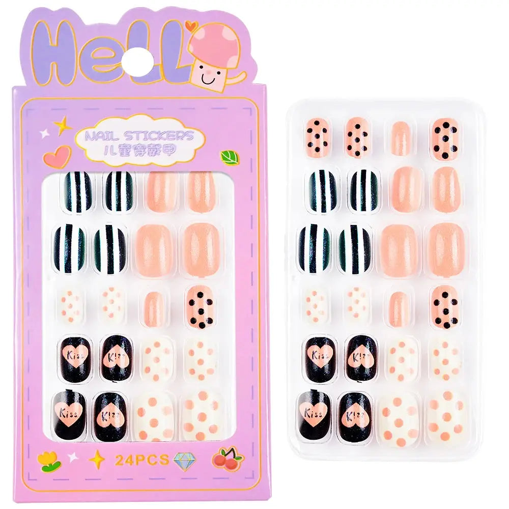24Pcs/box Kids nails for Girl Cartoon Pattern False Nail Cute Child Fake Nails Tips Kawaii Acrylic Artificial Press on Nail+Tool NovaCart