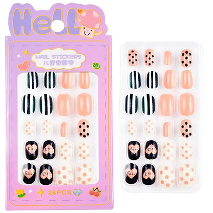 24Pcs/box Kids nails for Girl Cartoon Pattern False Nail Cute Child Fake Nails Tips Kawaii Acrylic Artificial Press on Nail+Tool NovaCart