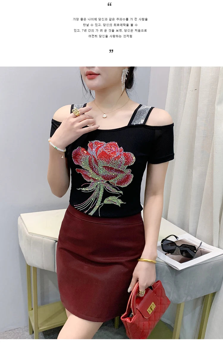 M-3XL Summer European Women's Clothes High Quality T-Shirt Luxury Hot Diamonds Design Slim Tees Sexy Girls Streetwear Tops NovaCart