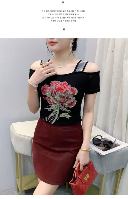 M-3XL Summer European Women's Clothes High Quality T-Shirt Luxury Hot Diamonds Design Slim Tees Sexy Girls Streetwear Tops NovaCart