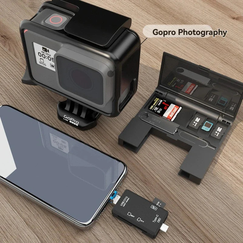 Multi functional six inOneCardReader OTG iPhone Type-C Micro SD CardFlashDrive intelligentStoragecard TF SD CardReaderStorageBox Pi-Mart