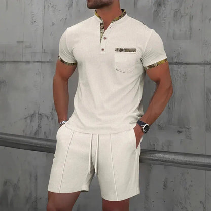 2025 Men Europe and the United States new summer Waffle solid color zip-up lapel short-sleeve suit shorts two sets NovaCart