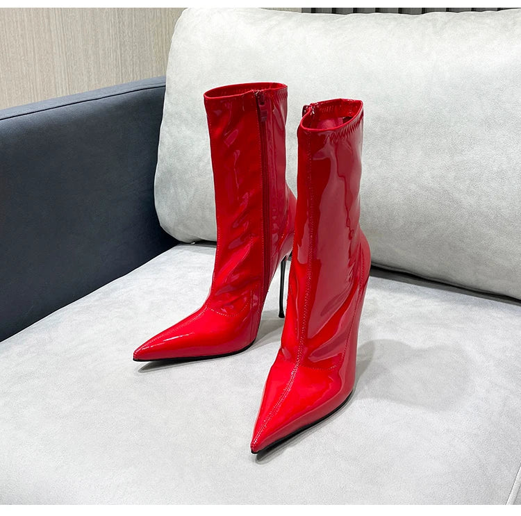 Knee-High Pointy Toe Women Boots 13cm Ultra Thin Steel High Heels Metal Heel Patent Leather Wide Calf Boots for Women Plus Size NovaCart