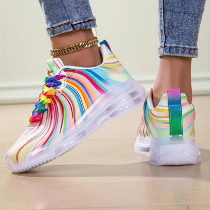 Women's Rainbow Stripe Casual Sports Shoes Summer Mesh Fashion Flat Beach and Leisure Holiday Lace-up Running Shoes for Ladies NovaCart