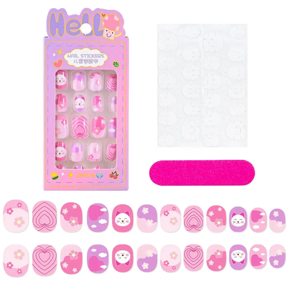 24Pcs/box Kids nails for Girl Cartoon Pattern False Nail Cute Child Fake Nails Tips Kawaii Acrylic Artificial Press on Nail+Tool NovaCart