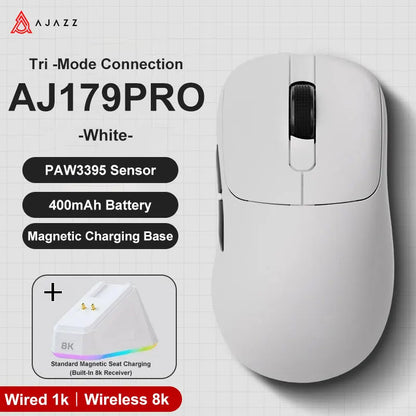 AJAZZ AJ179 PRO PAW3395 Lightweight Wired Wireless Mouse with Magnetic Charging Base Ergonomic Macro Gaming Mouse for PC Laptop Pi-Mart