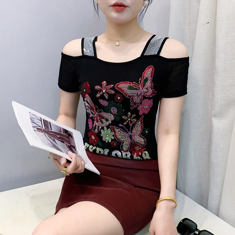 M-3XL Summer European Women's Clothes High Quality T-Shirt Luxury Hot Diamonds Design Slim Tees Sexy Girls Streetwear Tops NovaCart