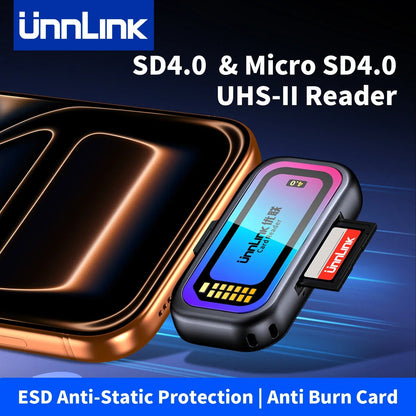 Unnlink SD & Micro SD 4.0 Card Reader UHS-II, USB-C to SD TF Memory Card Adapter for Mac iPhone 16/17 to Drone Action Camera Pi-Mart