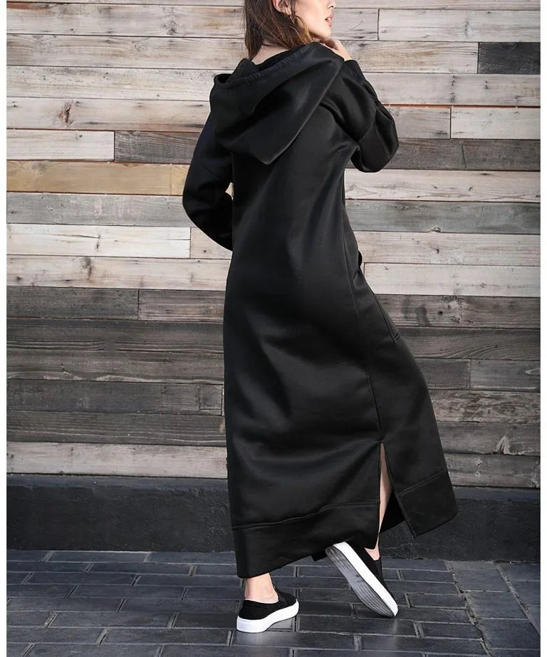 Hoodies Dress For Women Fashion 2025 Hem Lace-up Midi Robe Hooded Long Dress Autumn Winter Warm Casual Loose Sweatshirt Vestidos NovaCart