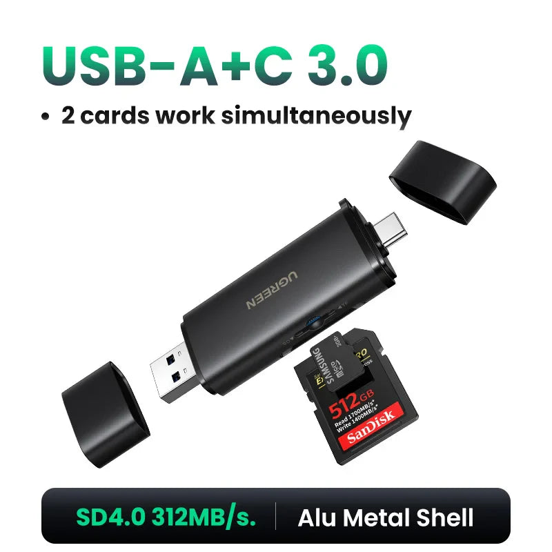 UGREEN SD4.0 Card Reader 312MB/s USB-C/USB-A USB Memory Card Reader for SD Micro SD UHS-II for Laptop iPhone Samsung iPad PC Pi-Mart