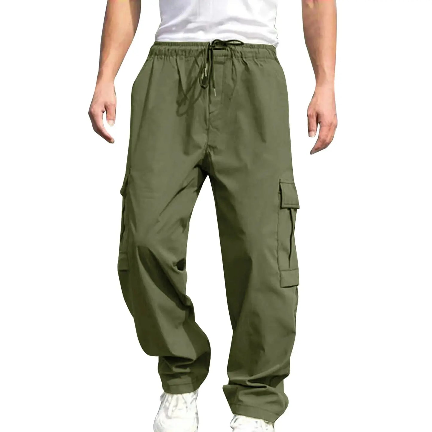 Men s Loose Cargo Long Pants Solid Color Drawstring Waist Straight Leg Trousers Casual Work Pants with Pockets NovaCart