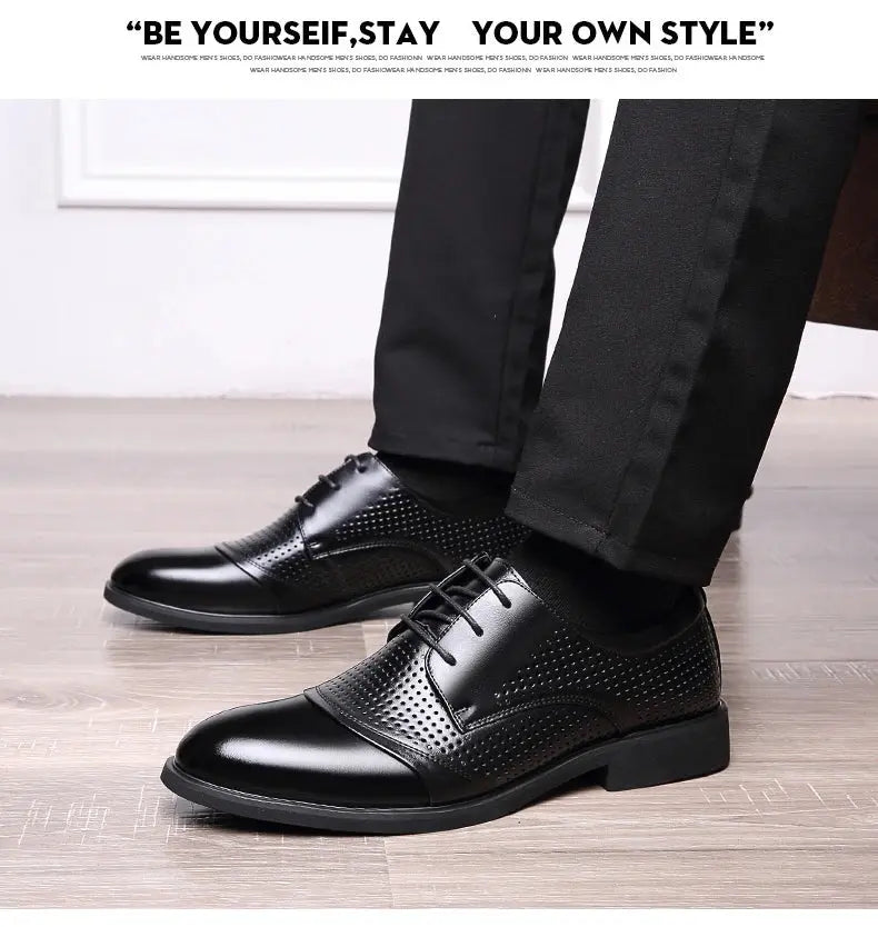 Flat / 6CM Genuine Leather Men Formal Elevator Shoes Wedding Business Height Increase Lift Shoes Invisible Summer Hollow Wedding NovaCart
