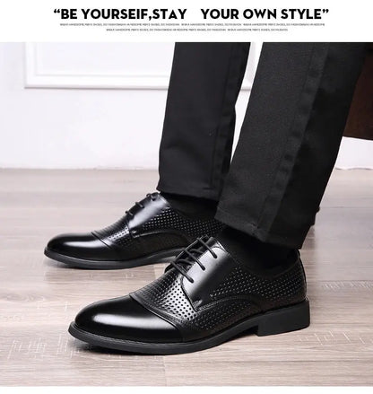 Flat / 6CM Genuine Leather Men Formal Elevator Shoes Wedding Business Height Increase Lift Shoes Invisible Summer Hollow Wedding NovaCart