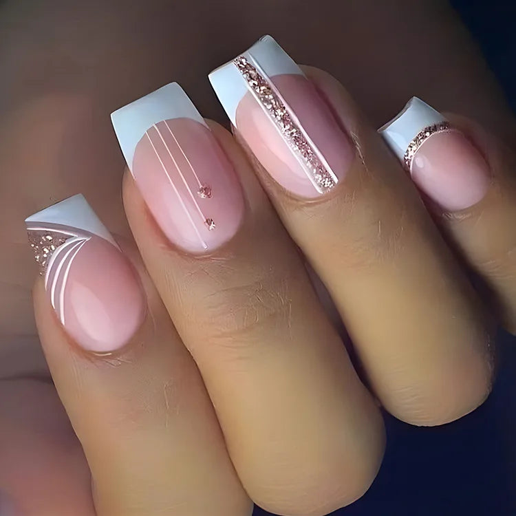 24Pcs Short Square Coffin False Nails Square Fake Nails with Glue French Glitter Wearable Acrylic Nails Set Press on Nail Tips NovaCart