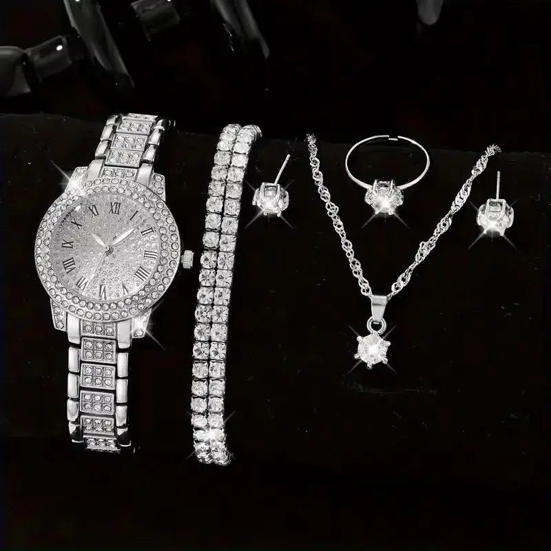 6PCS Women Watch Luxury Elegant Alloy Watch Crystal Wristwatch For Ladies Gift Quartz Watch Alloy Rhinestone Bracelet Montre NovaCart