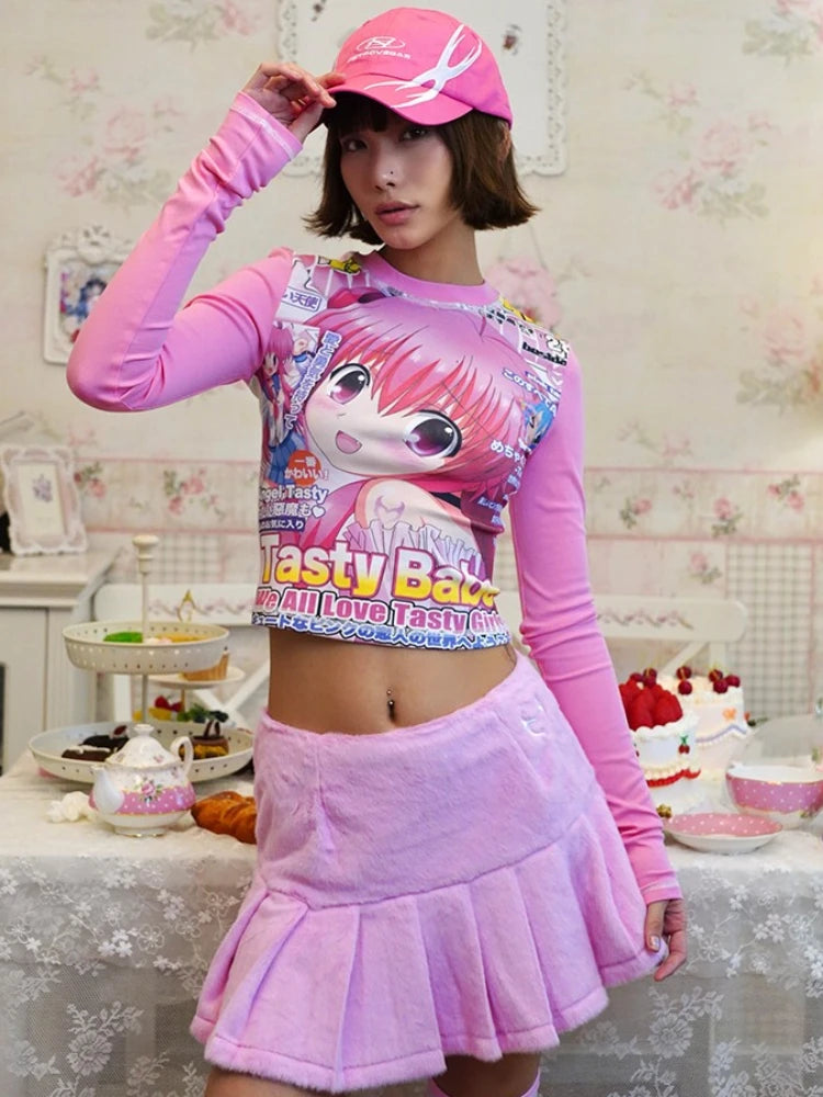 Deeptown Harajuku Kawaii Anime Graphic T Shirts Women Cutecore Cartoon Patchwork Tees Y2K Aesthetic Slim Crop Top Japanese 2000s NovaCart