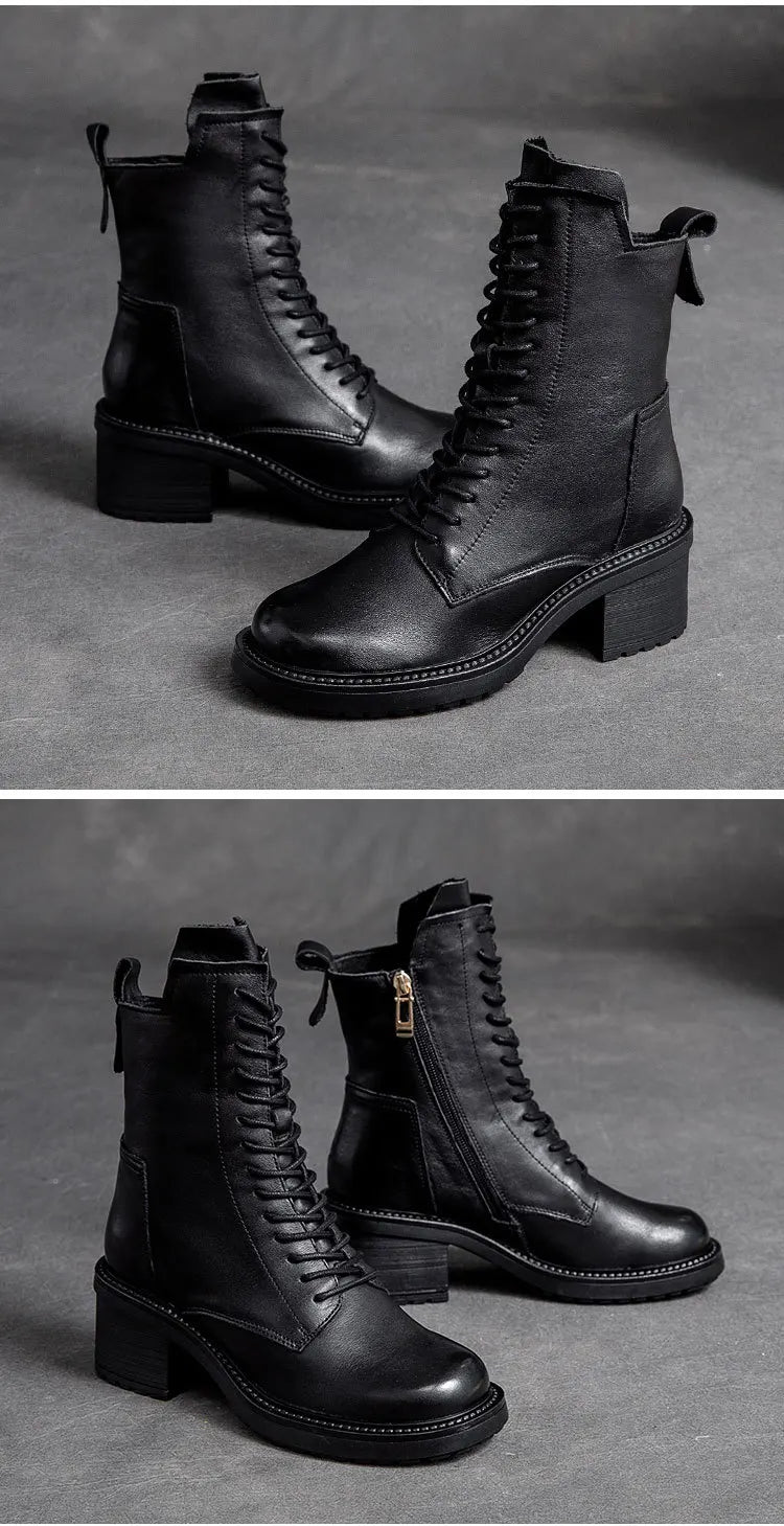 Birkuir Winter Plush Warm Boots Genuine Leather Women Snow Boots 6cm Thick Heel Shoes Handmade Side Zip Leisure Platform Boots NovaCart