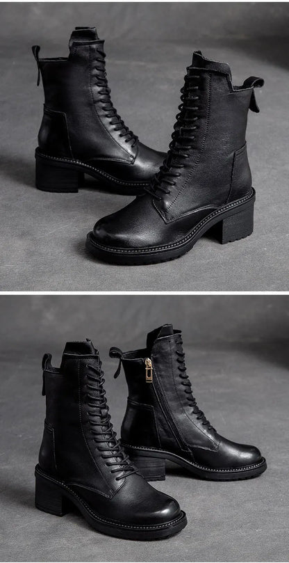 Birkuir Winter Plush Warm Boots Genuine Leather Women Snow Boots 6cm Thick Heel Shoes Handmade Side Zip Leisure Platform Boots NovaCart