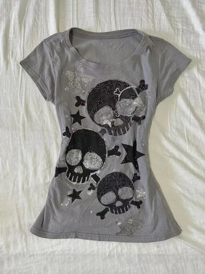 Japanese Y2k Women's Tees 2000s Hottie Clothes Tops Star Skull Graphic Print T Shirts Goth Emo Punk Aesthetics Chic T-shirt NovaCart