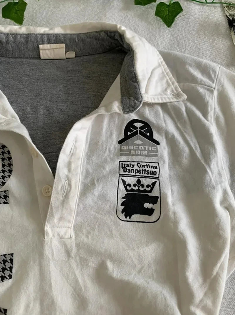 Y2K Japanese Streetwear Polo Shirt Women Slim Crop Tee 2025 White Short Sleeve Tops Letter Badge Houndstooth Vintage Harajuku NovaCart