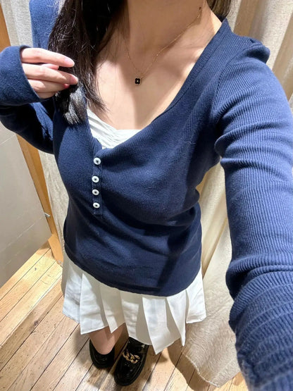 Six Buttons Ribbed Long Sleeve T-shirts Women Spring Round Neck Cotton Slim Tee Top Female Sweet Cute Pink Tshirt Y2k Tops New NovaCart