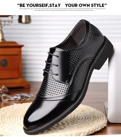 Flat / 6CM Genuine Leather Men Formal Elevator Shoes Wedding Business Height Increase Lift Shoes Invisible Summer Hollow Wedding NovaCart