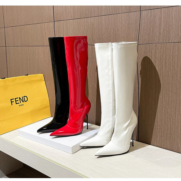 Knee-High Pointy Toe Women Boots 13cm Ultra Thin Steel High Heels Metal Heel Patent Leather Wide Calf Boots for Women Plus Size NovaCart