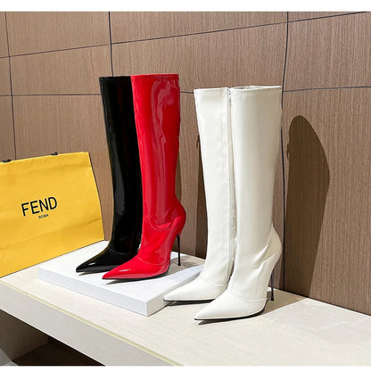 Knee-High Pointy Toe Women Boots 13cm Ultra Thin Steel High Heels Metal Heel Patent Leather Wide Calf Boots for Women Plus Size NovaCart