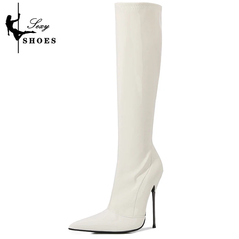 Knee-High Pointy Toe Women Boots 13cm Ultra Thin Steel High Heels Metal Heel Patent Leather Wide Calf Boots for Women Plus Size NovaCart
